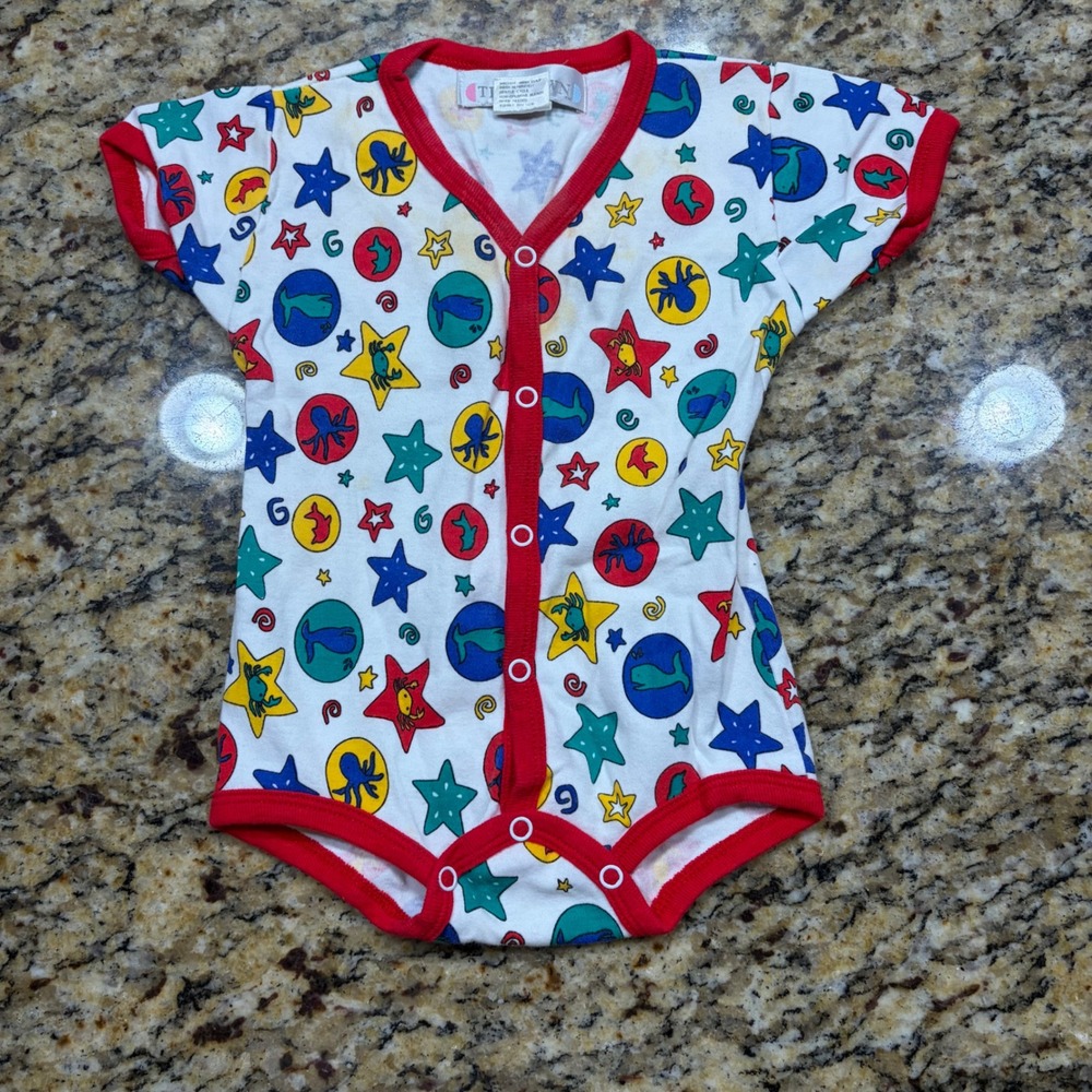 Vintage Tiny Town Sea Creature Star Print Snap Bodysuit Red White 6-9 Months